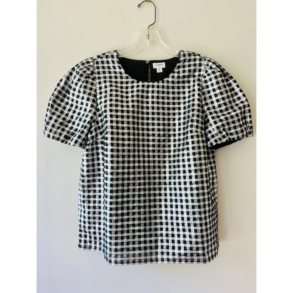 J. Crew Sz M Gingham Metallic Puff Sleeve Blouse Top Lined Round Neck Pullover‎